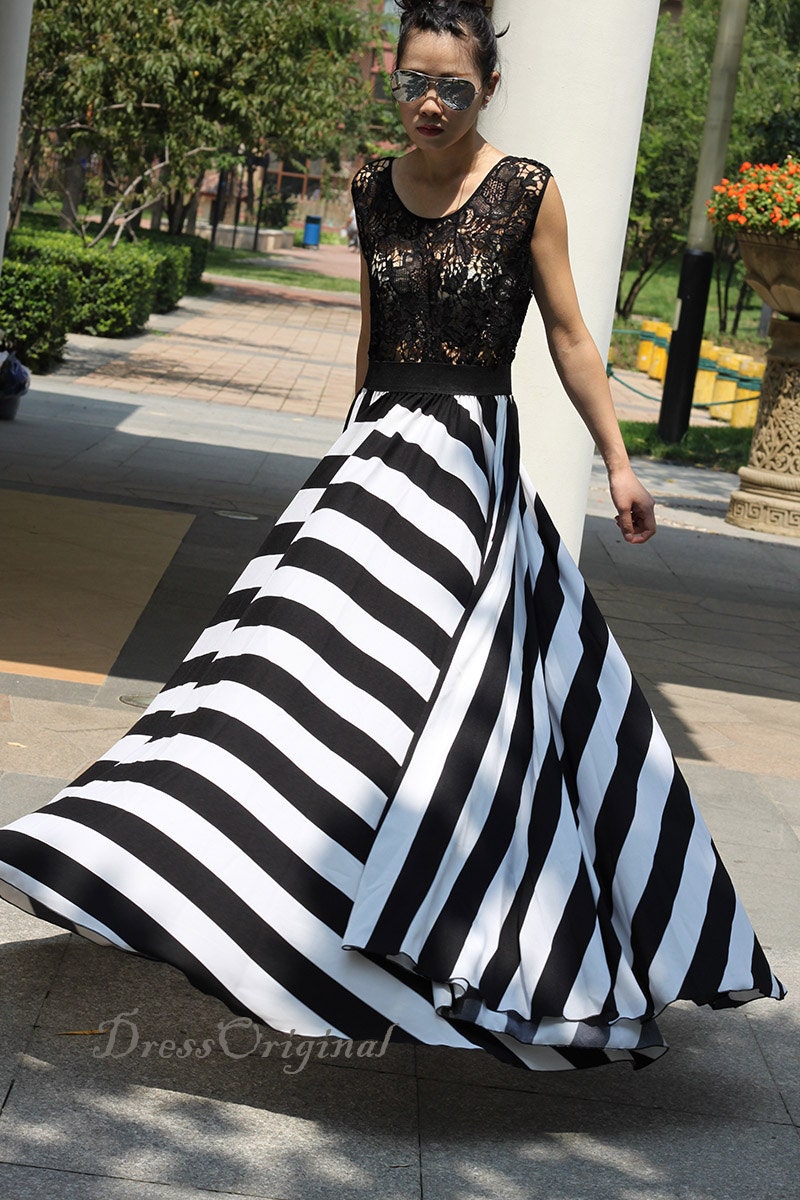 2018 Lace Dress/lace Maxi Dress/ Black/white Stripe Dress Long - Etsy