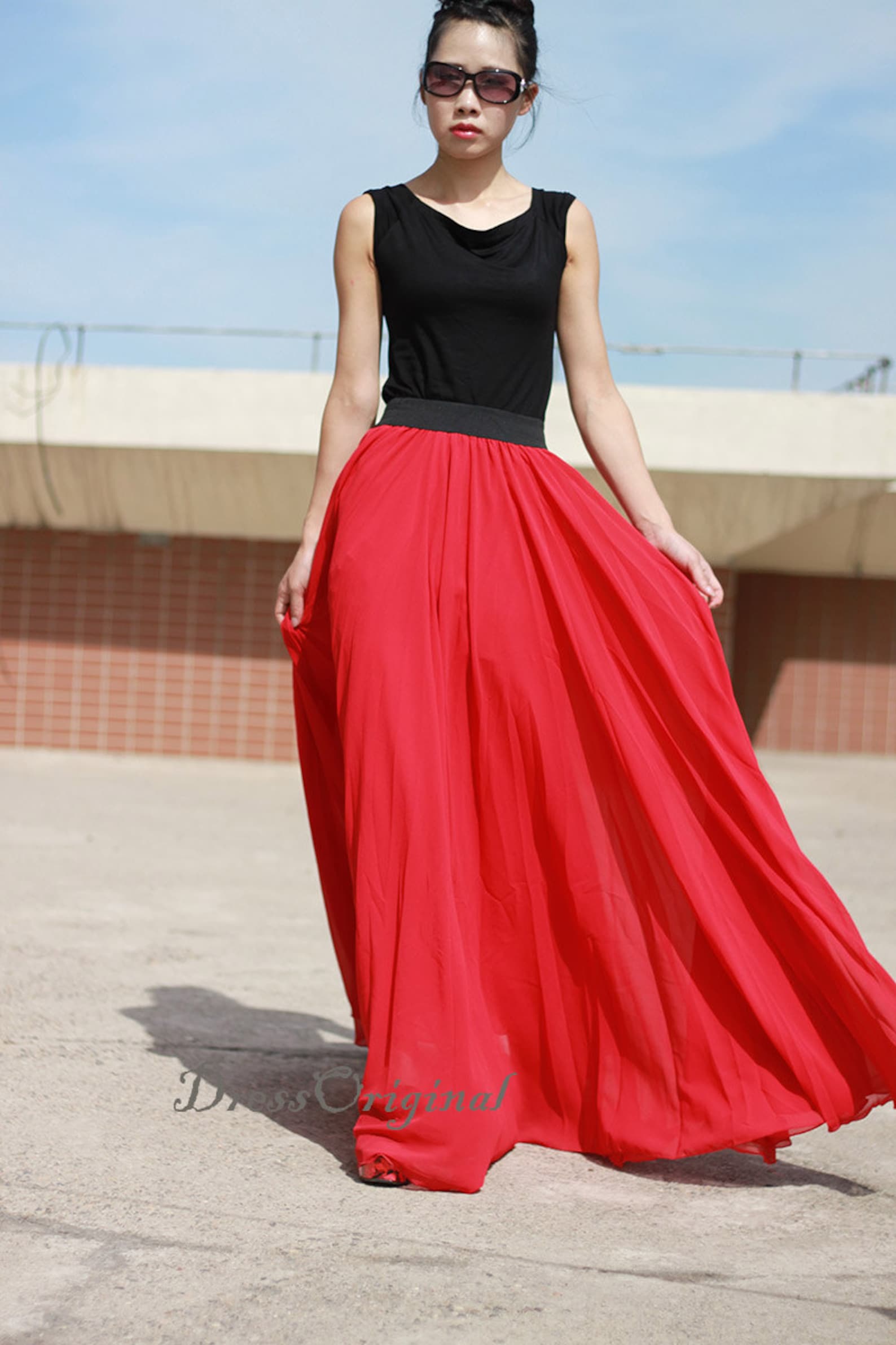 Red Maxi Skirt Red Floorlength Skirt Double Layered Chiffon Etsy