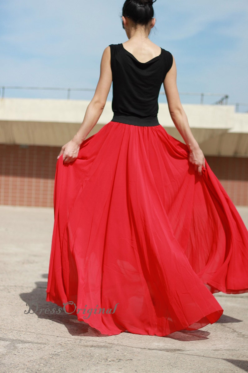 Red Maxi Skirt Red Floorlength Skirt Double Layered Chiffon Etsy