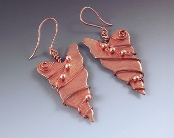 CLEARANCE- One of a Kind Copper Wire Wrapped and Beaded Leaf Earrings- Nature- Leaf- Leaves- Boho- Copper Earrings