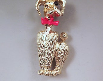 Vintage perro broche- joyería del caniche- perro antiguo- pin de perro con arco rojo