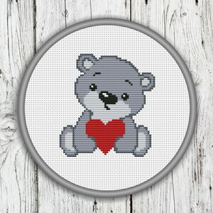 Cute Grey Bear With Red Heart Counted Cross Stitch Pattern - PDF, Instant Download