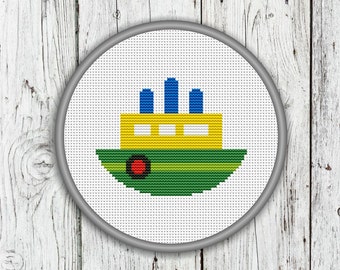 Little Ship Counted Cross Stitch, Steamer, Steamboat, Steamship, Needlepoint Pattern - PDF, Instant Download