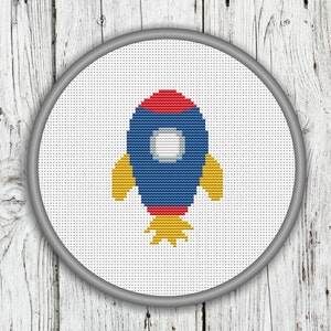 Blue Spaceship Counted Cross Stitch, Cute Space Rocket Cross Stitch - PDF, Instant Download