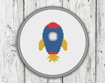 Blue Spaceship Counted Cross Stitch, Cute Space Rocket Cross Stitch - PDF, Instant Download