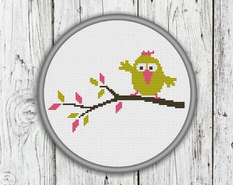 Cute Bird Sitting On A Branch Counted Cross Stitch Pattern - PDF, Instant Download