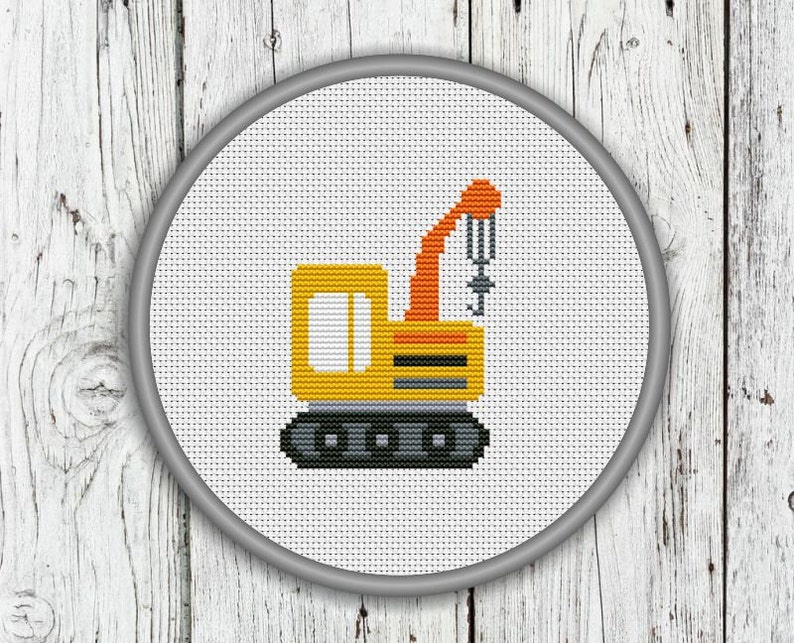 Crawler Crane Counted Cross Stitch Pattern, Construction Trucks, Vehicles, Needlepoint Pattern PDF, Instant Download image 1