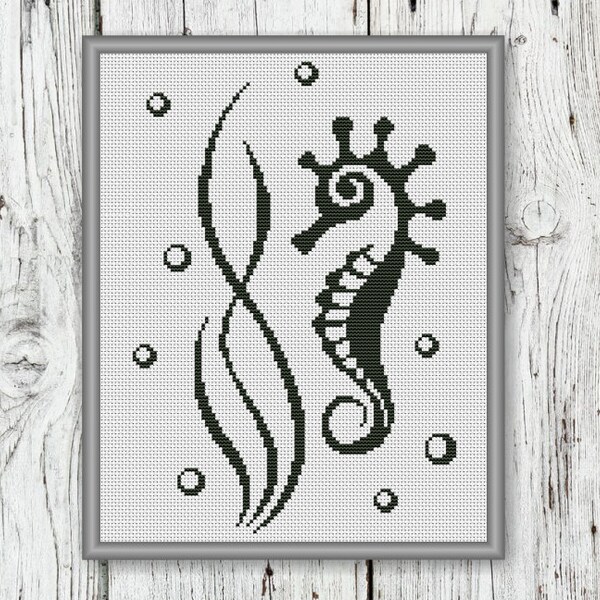 Black And White Seahorse Counted Cross Stitch Pattern - PDF, Instant Pattern