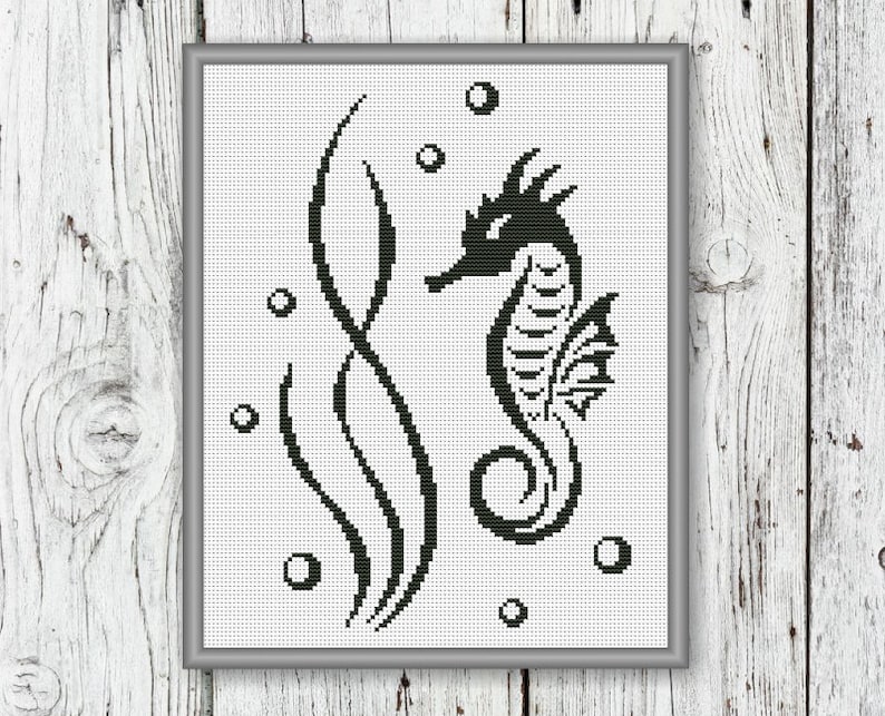 Black And White Seahorse Counted Cross Stitch Pattern PDF, Instant Pattern image 1