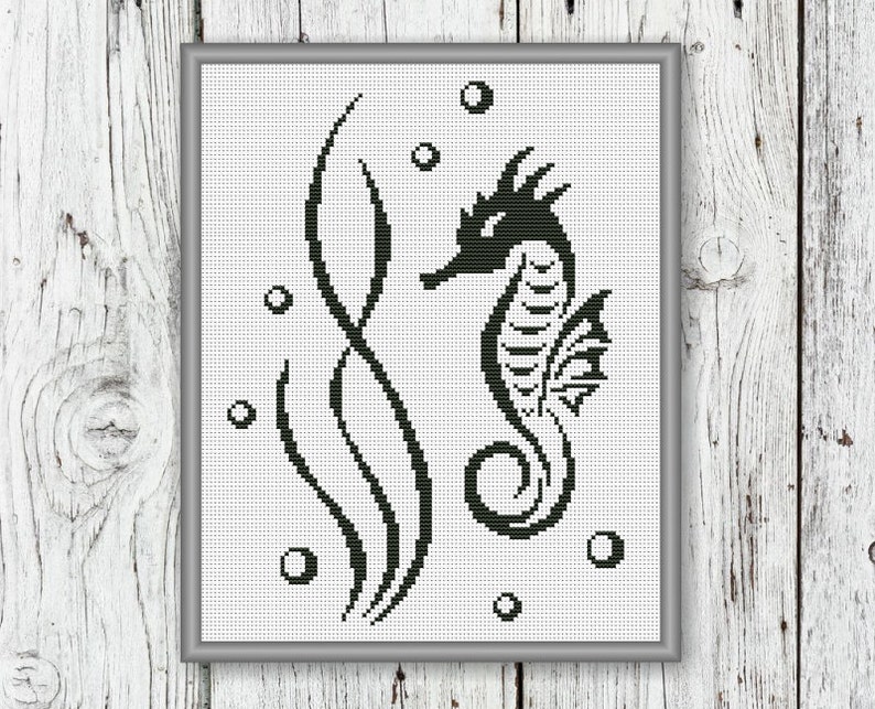 Black and White Seahorse Counted Cross Stitch Pattern PDF, Instant