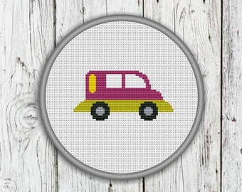 Cute Plum Car Counted Cross Stitch Pattern, Vehicles, Transportation, Transport Needlepoint Pattern - PDF, Instant Download