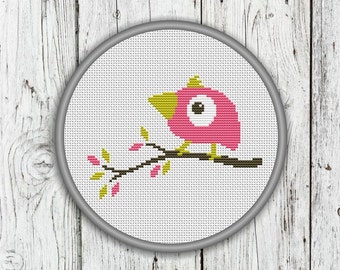 Cute Bird Sitting On A Branch Counted Cross Stitch Pattern - PDF, Instant Download