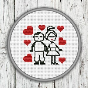 Cute Boy And Girl In Love Counted Cross Stitch Pattern, Valentine&#39;s Day, Heart - PDF, Instant Download