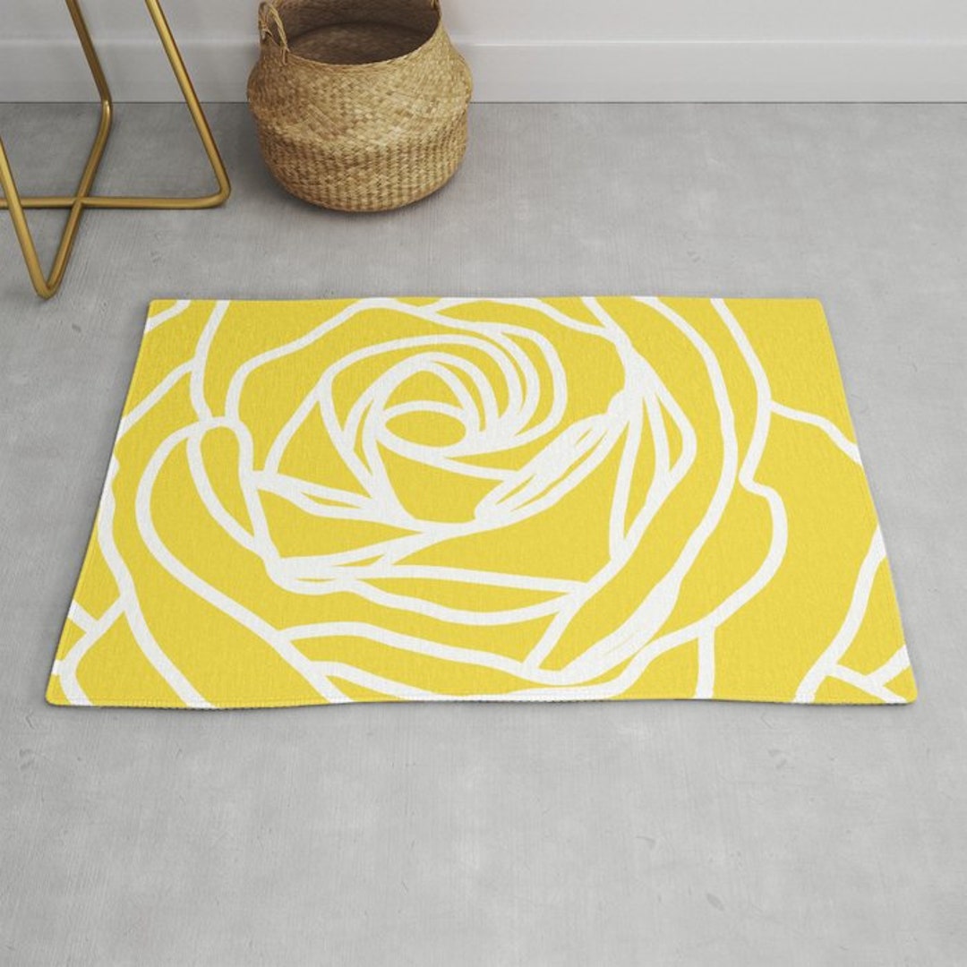 Rose Area Rug Modern Flower Rug Yellow and White Etsy