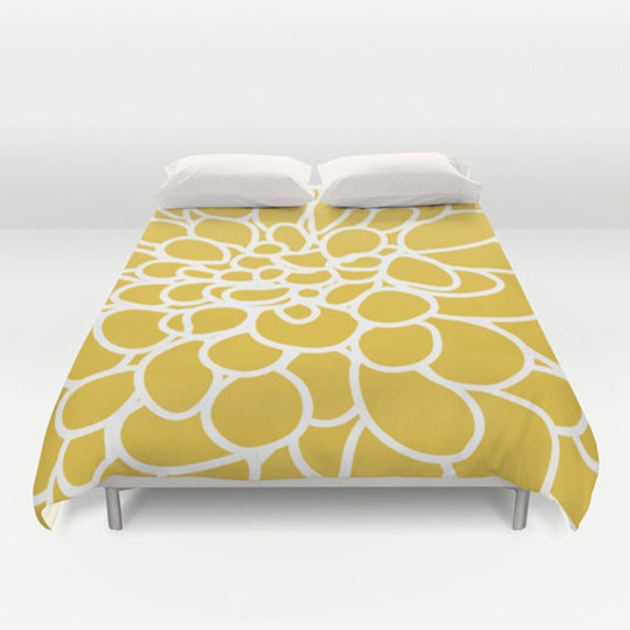 Modern Dahlia Flower Duvet Cover Mustard Yellow Queen Size Etsy