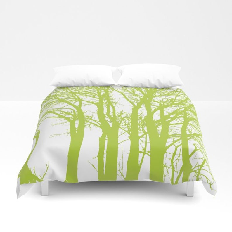 Tree Duvet Cover Green And White Bedding Woodland Bedding Etsy