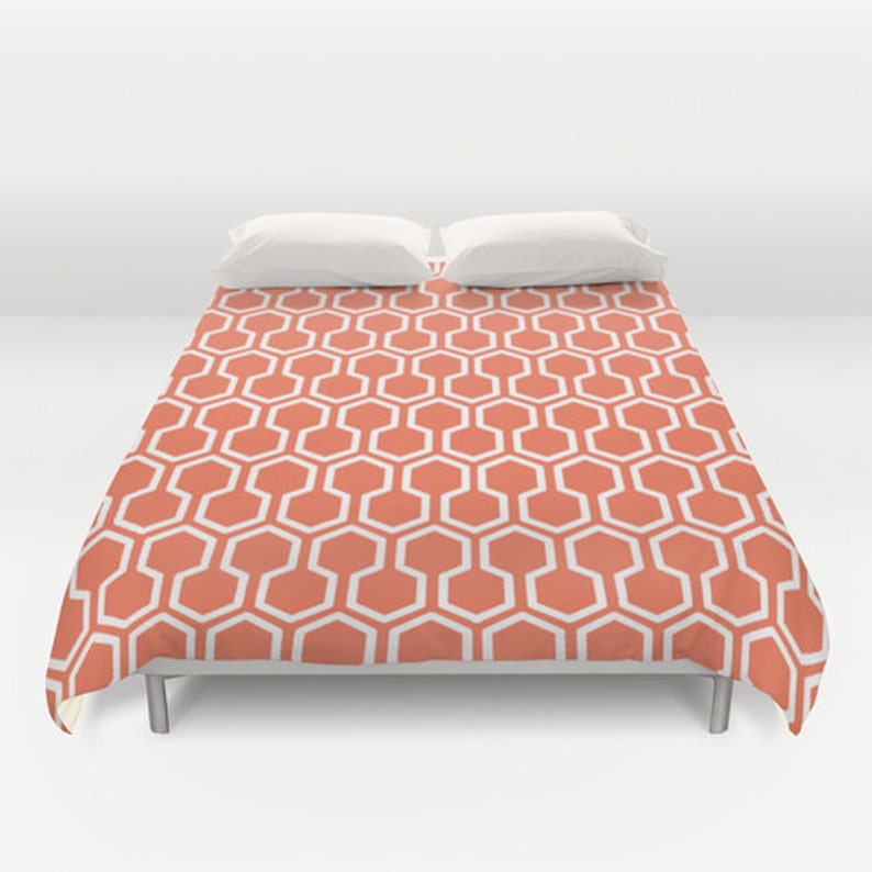 Honeycomb Duvet Cover Coral Orange Geometric Print Mid Etsy