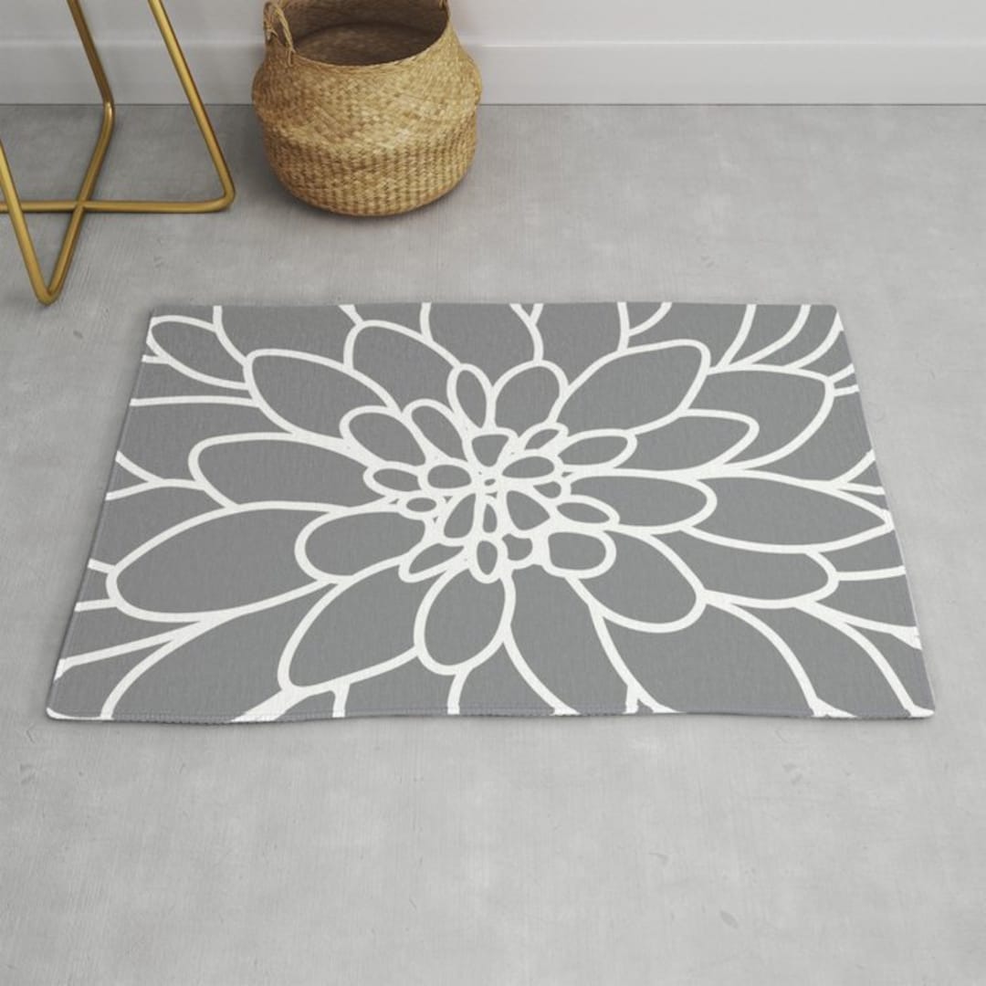 Modern Dahlia Flower Rug Area Rug Slate Grey and White Etsy