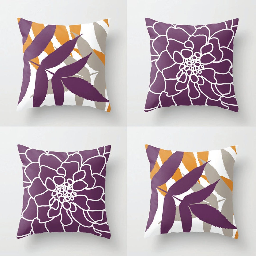 Throw Pillow Set of 4, Leaves and Flower Throw Pillows in Eggplant and