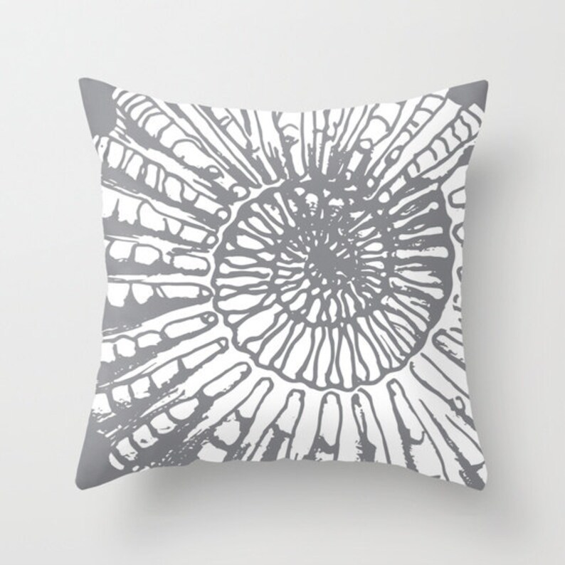 Nautical Home Decor By Aldari Home Beach House Grey Fossil Sea Life Fossil Print Nautilus pillow with insert