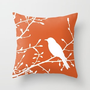 Bird on Branch Pillow Cover - Orange Decor - Burnt Orange Pillow Cover - Bird Pillow Cover - Modern Home Decor - includes insert