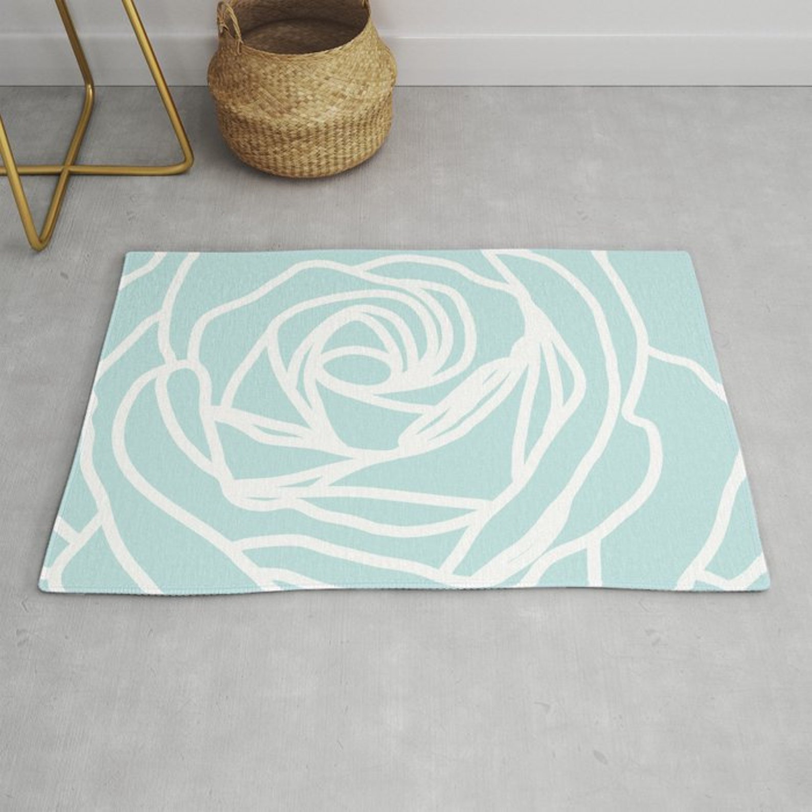 Rose Area Rug Modern Flower Rug Light Blue and White Etsy