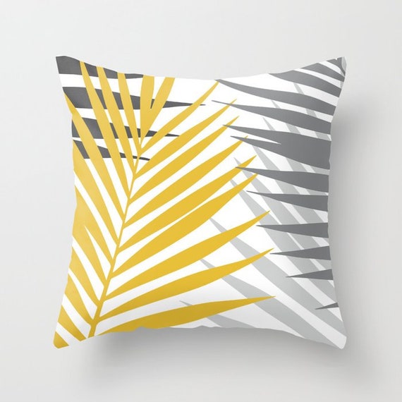 Palm Leaf Pillow Yellow Grey and White Geometric Palm Leaf Modern Throw Pillow