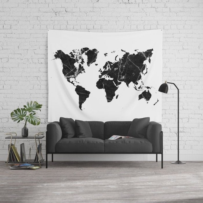 World Map Wall Tapestry / Black and White Marble Map Wall Art Etsy
