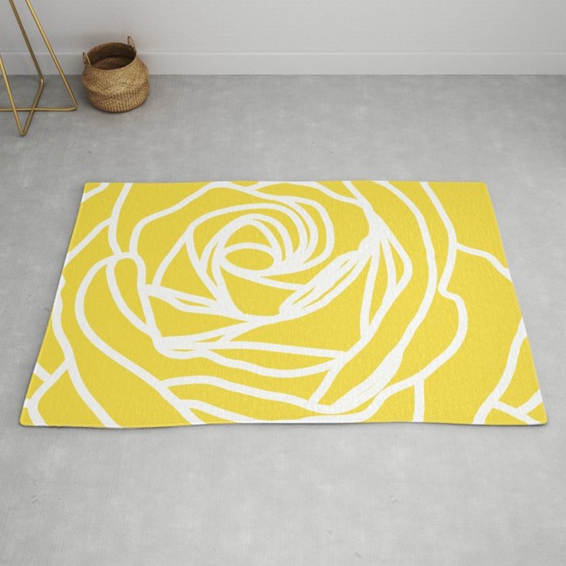 Rose Area Rug Modern Flower Rug Yellow and White Etsy