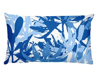 Blue Botanical Pillow,  14x20 lumbar floral pillow with insert, shades of blue and white pillow, floral decor,