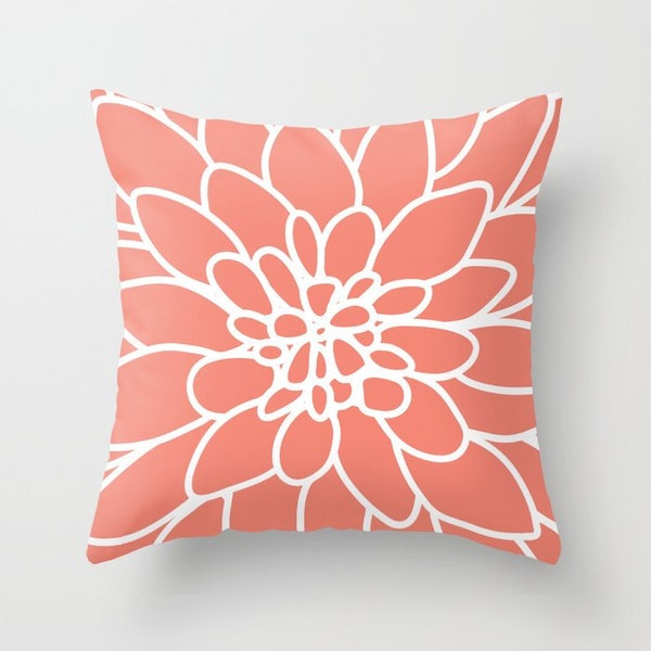 Dahlien Blumen Kissen mit Einlage - Korallen Blumen Kissen - Akzent Blumen Kissen - Modernes Blumen Kissen - Designer Wohn Dekor -