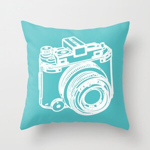 DSLR Camera Pillow  - Graphic Novelty Throw Pillow - Teal Turquoise Decorative Pillow - Photographer Gift - Modern Home Decor