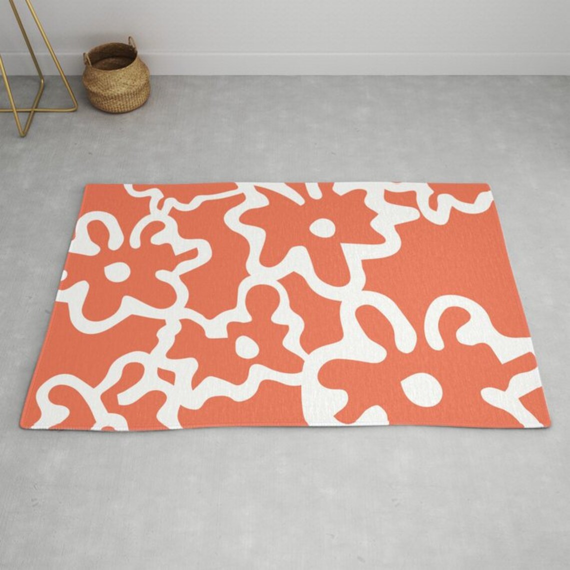 Coral Area Rug Floral Area Rug Modern Flowers Printed Rug Etsy
