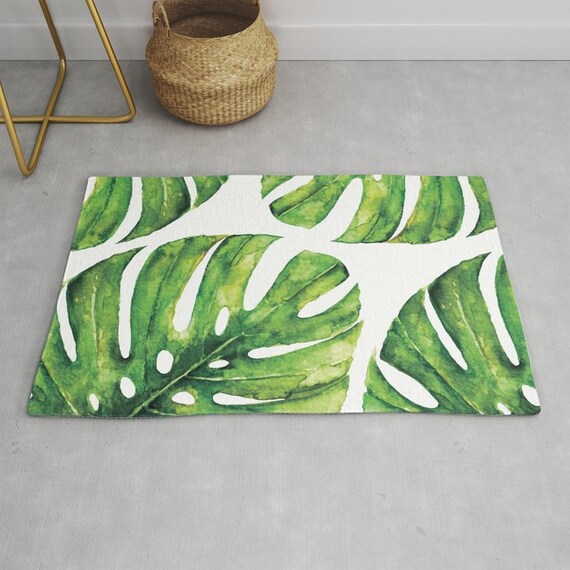 Monstera Leaf Area Rug Leaf Rug Green And White Area Rug Modern Area Rug Plant Decor Office Decor Bedroom Decor Living Room Decor