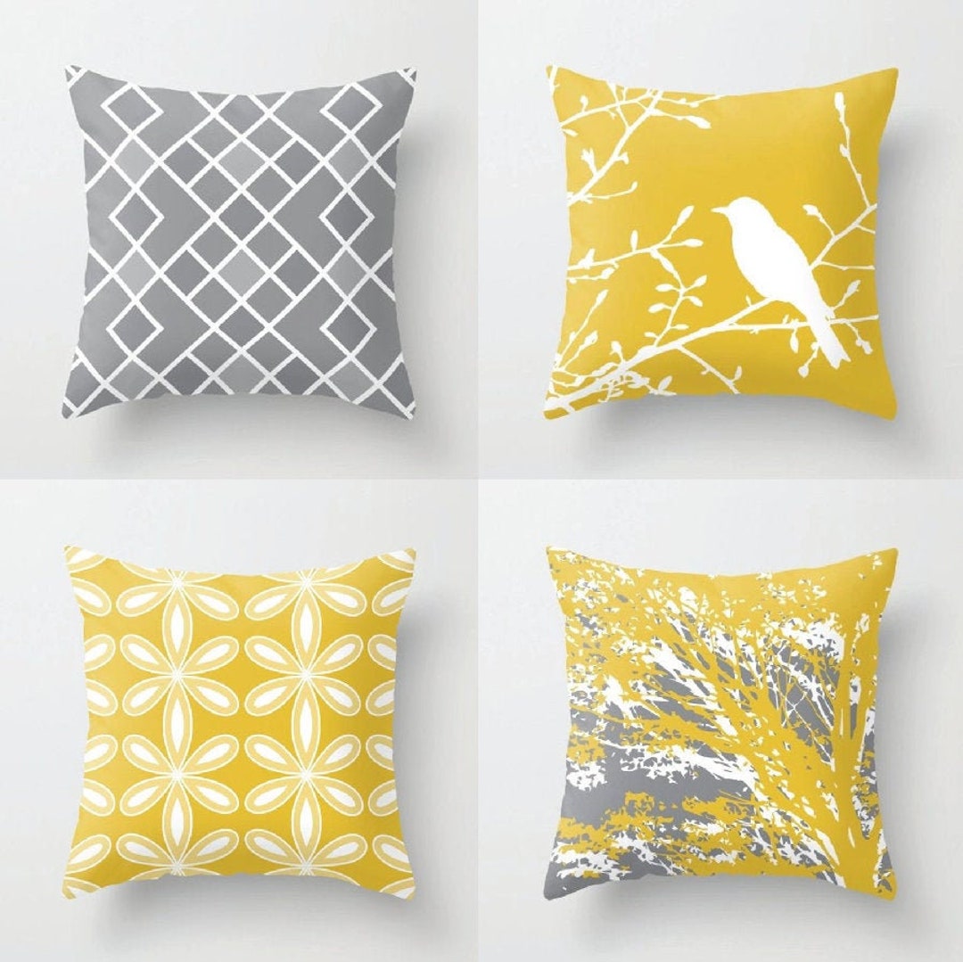 Yellow and Grey Throw Pillows Set of 4 18x18 Decorative Throw Etsy