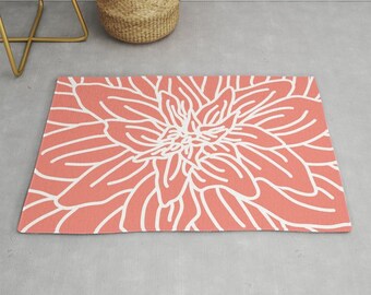 Coral Abstract Flower Area Rug - Modern Flower Rug - Coral and White - Nursery Area Rug - Contemporary Home Decor