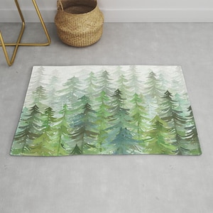 Green Trees Area Rug, Pine trees green and white area rug, Modern Area Rug, woodland nursery decor, playroom decor, cabin decor