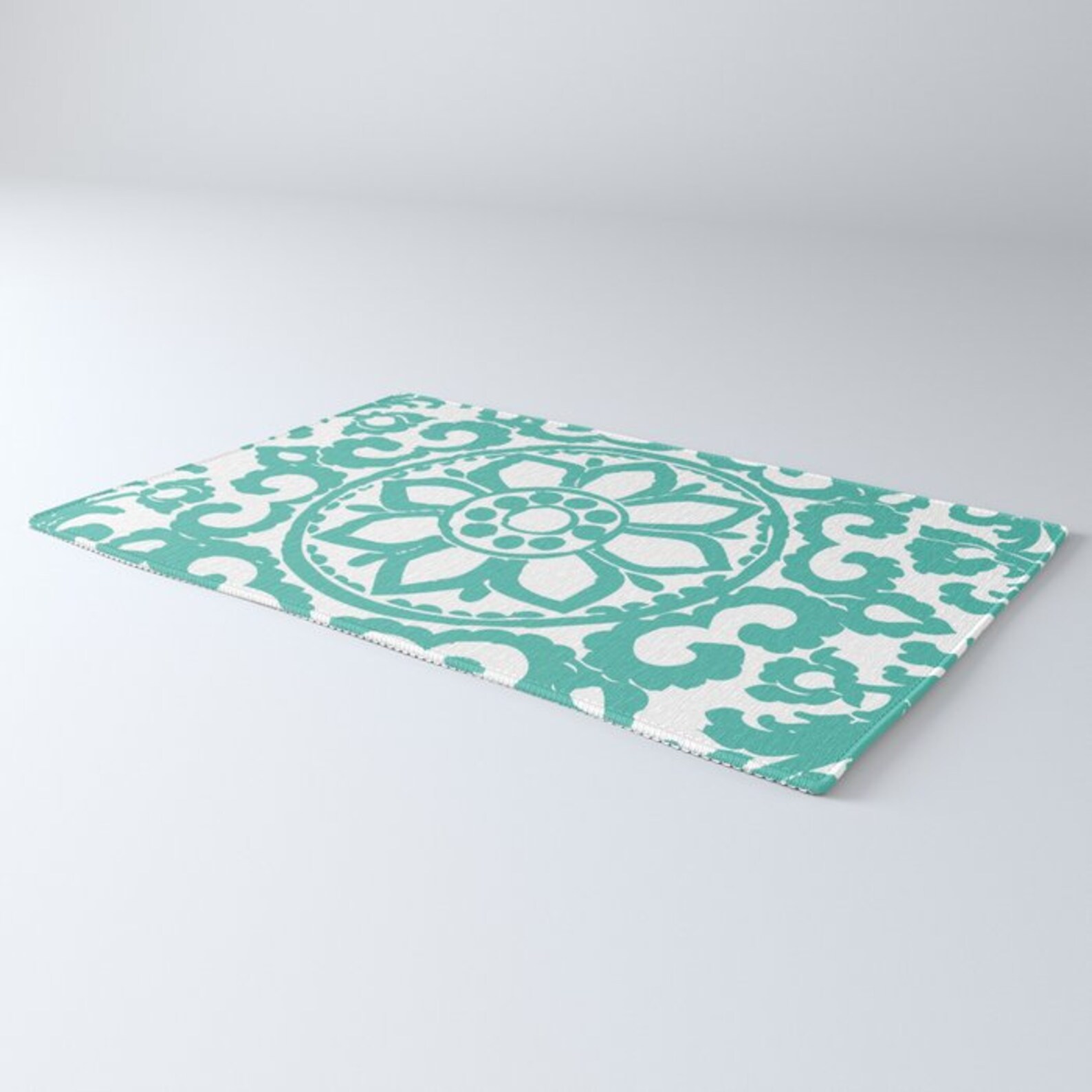 Floral Medallion Rug Art Deco Area Rug Aqua Blue and White Etsy