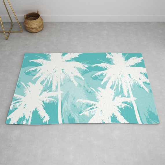 Palm Tree Area Rug, aqua Blue and White Palm Tree Rug, Coastal Decor, Contemporary Home Decor turquoise blue rug