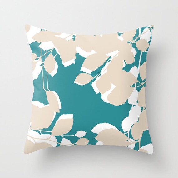 Leaves Pillow Botanical Throw Pillow Teal Beige And White Etsy