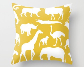 Safari Animals Pillow With Insert - African Animals Pillow Cover - Safari Decor - Yellow Pillow Cover - Boy Bedroom Decor - Accent Pillow