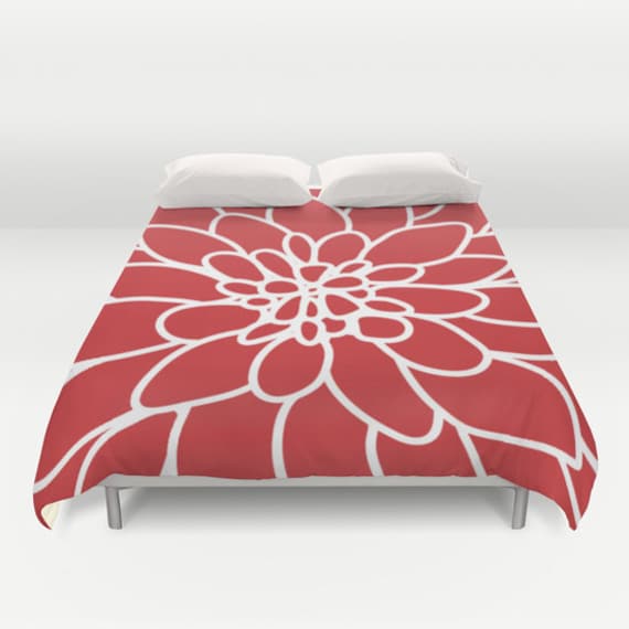Modern Dahlia Flower Duvet Cover Red Bedding Queen Size Etsy