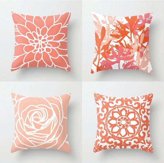 throw pillow set of 4, coral and peach pillows, modern flower pillow, rose  pillow, modern home decor, pillow cover bundle sale