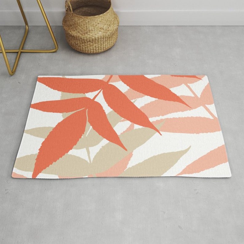 Botanical Area Rug Fern Rug Coral Peach Tan Area Rug Etsy