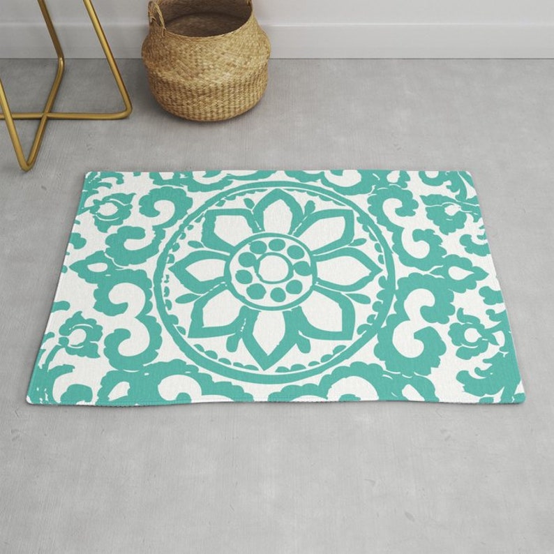 Floral Medallion Rug Art Deco Area Rug Aqua Blue and White Etsy