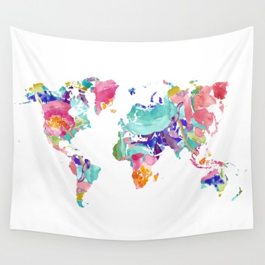 World Map Wall Tapestry / Colourful Floral Modern Map Wall - Etsy