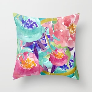 Teal Pink Floral Pillow  - Floral Cushion  - Floral Throw Pillow   - Modern Home Decor - By Aldari Home