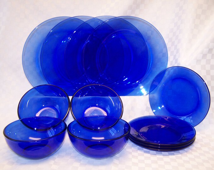 Vintage cobalt blue glass dinnerware set etsy