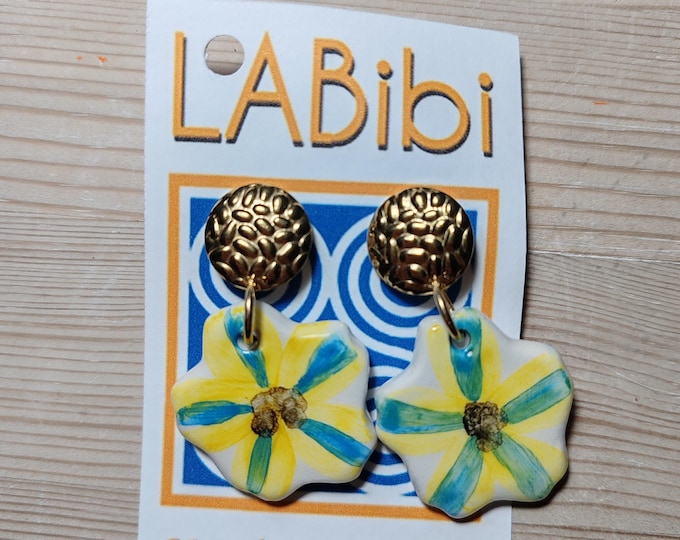Featured listing image: Ceramic and brass earrings. Yellow and blue flower