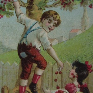 Chromo litho, Victorian trade card of " the cherry harvest ", Original trading cards, Antique French chromo, Advertising trade card